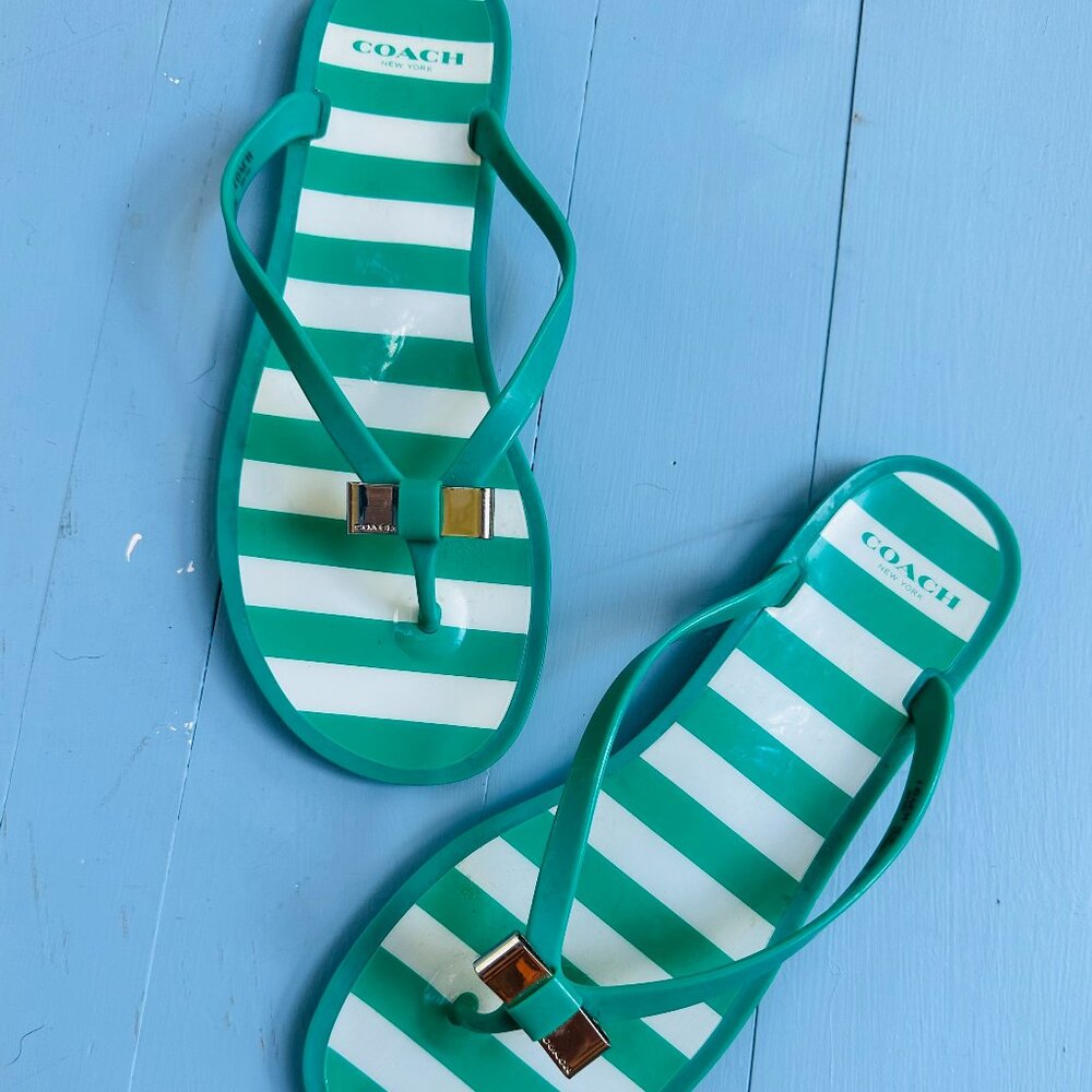 Coach Flip-Flops Green Striped with Metal Bow Women's Size 10 Coach Resort Wear - Picture 1 of 4